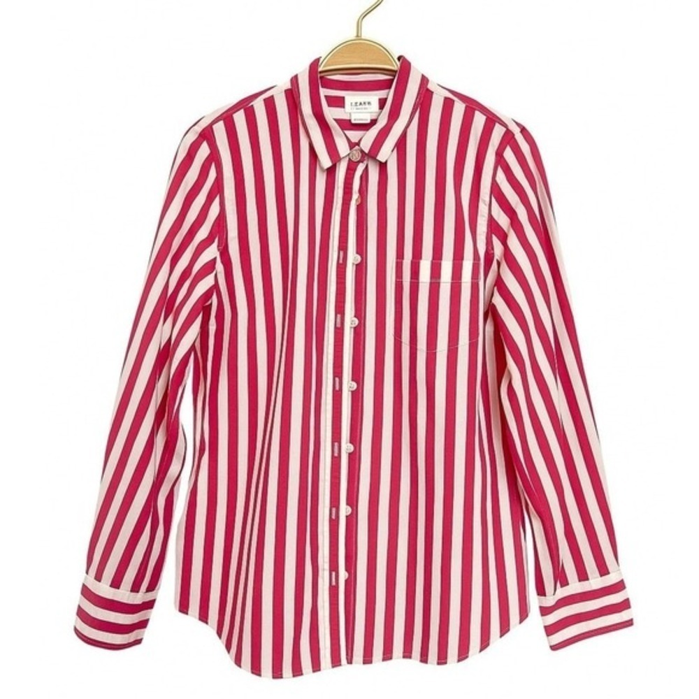 J.‎ Crew Factory Pink Striped Button Up Shirt Women M Preppy Coastal Long Sleeve